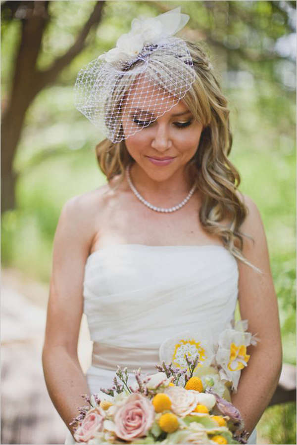 Birdcage veil with loose curls Wedding Hairstyles