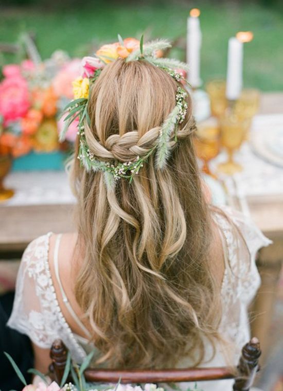 Boho Wedding Hairstyles with Flower Crown