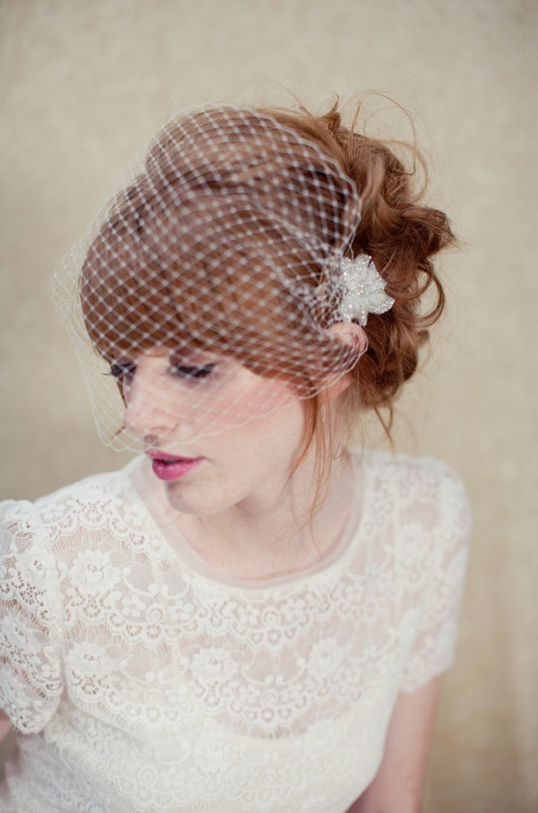 Fringe Wedding Hairstyles Updos with Birdcage Veil
