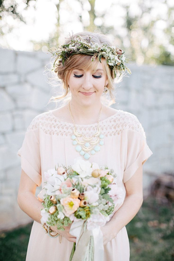 Fringe Wedding Hairstyles with Flower Crown