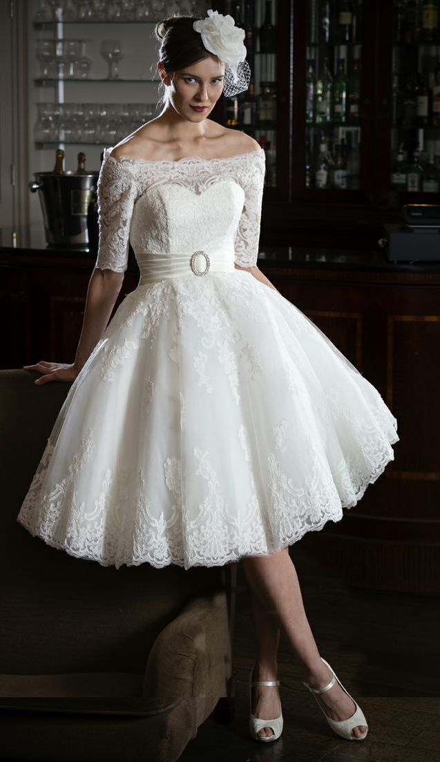 Lace off-shoulder 50s Wedding Dresses