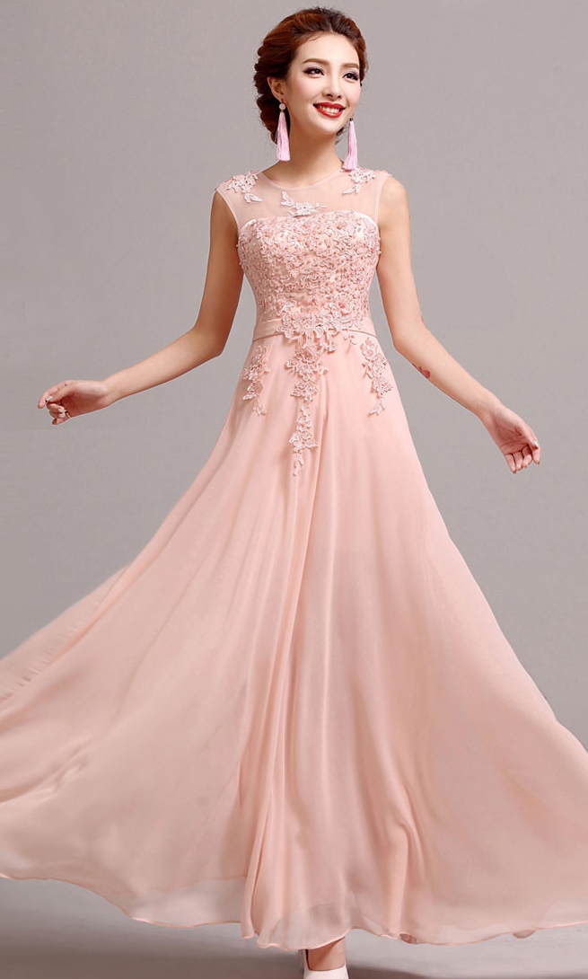 Peach Chiffon Lace Wedding Dresses