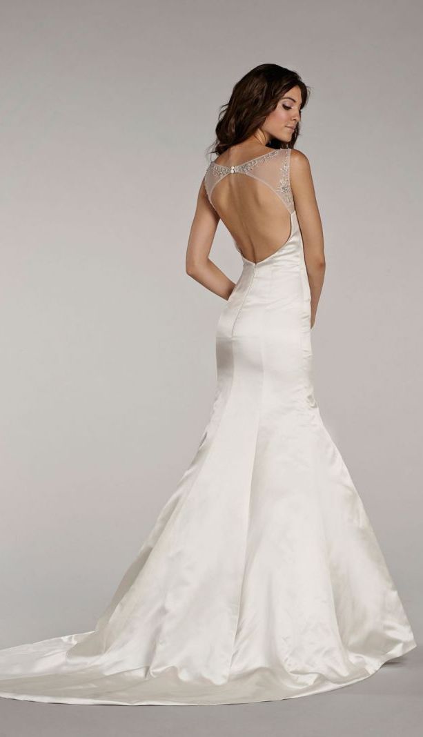 White satin wedding dress with scoop bac
