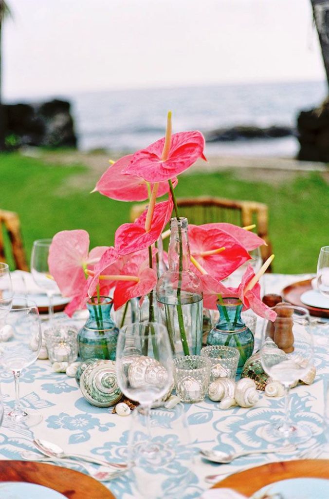 Coral and aqua beach wedding table Decorations