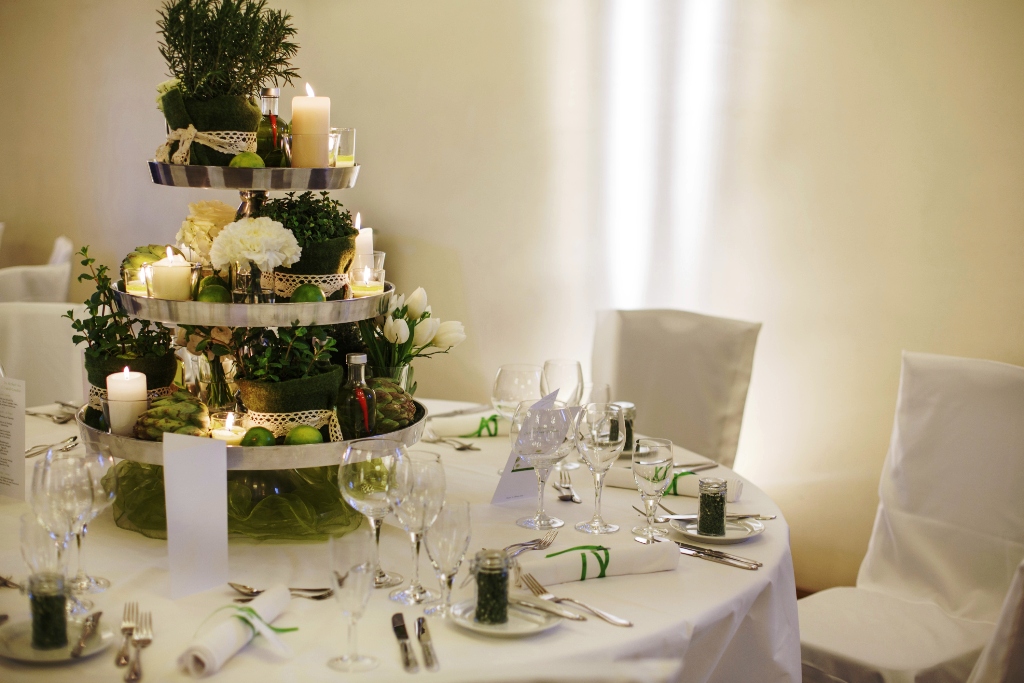 Beautiful table set for green wedding or event party, indoors,