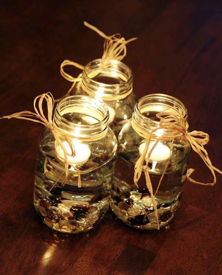 Mason jars with raffia ribbon Wedding Decorations
