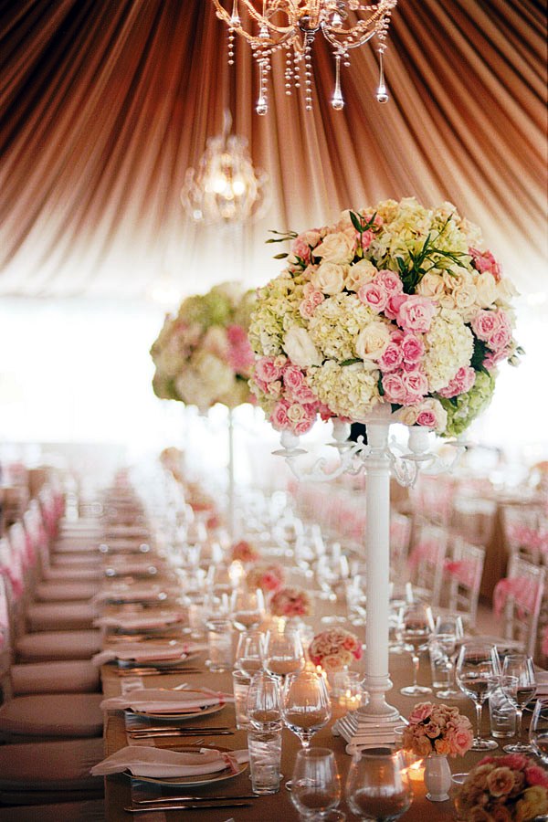 Pink wedding reception decor tall centerpieces