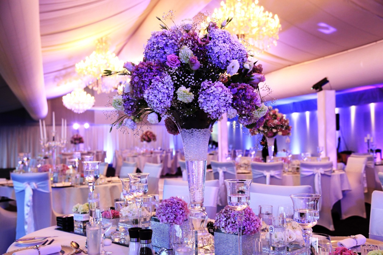 Purple Flowers on The Table for Wedding Decorations