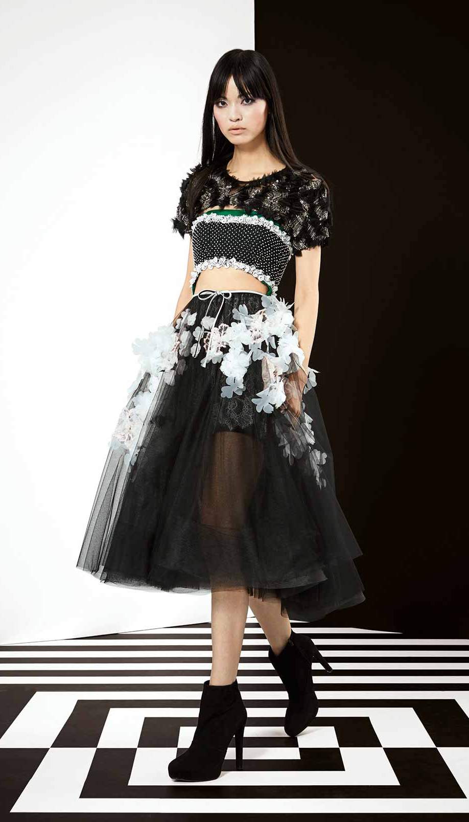 3-piece couture ensemble. Shoulder-top made of handmade jet and silver appliques