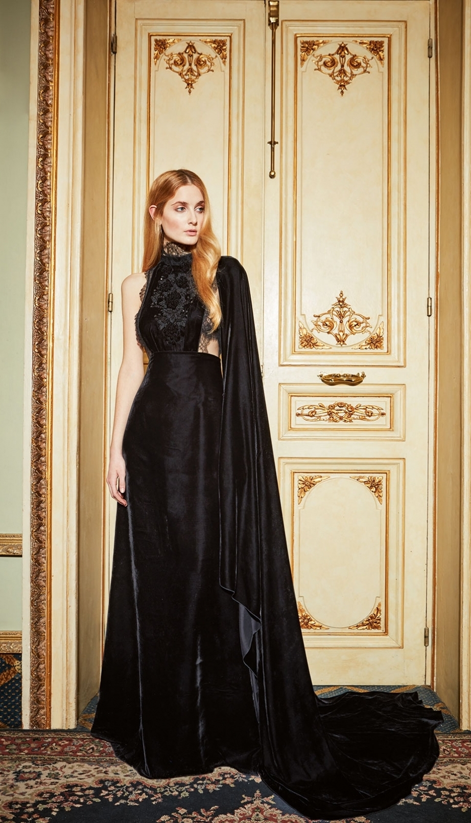 Black long silk velvet dress side cut-outs and sleek high neckline