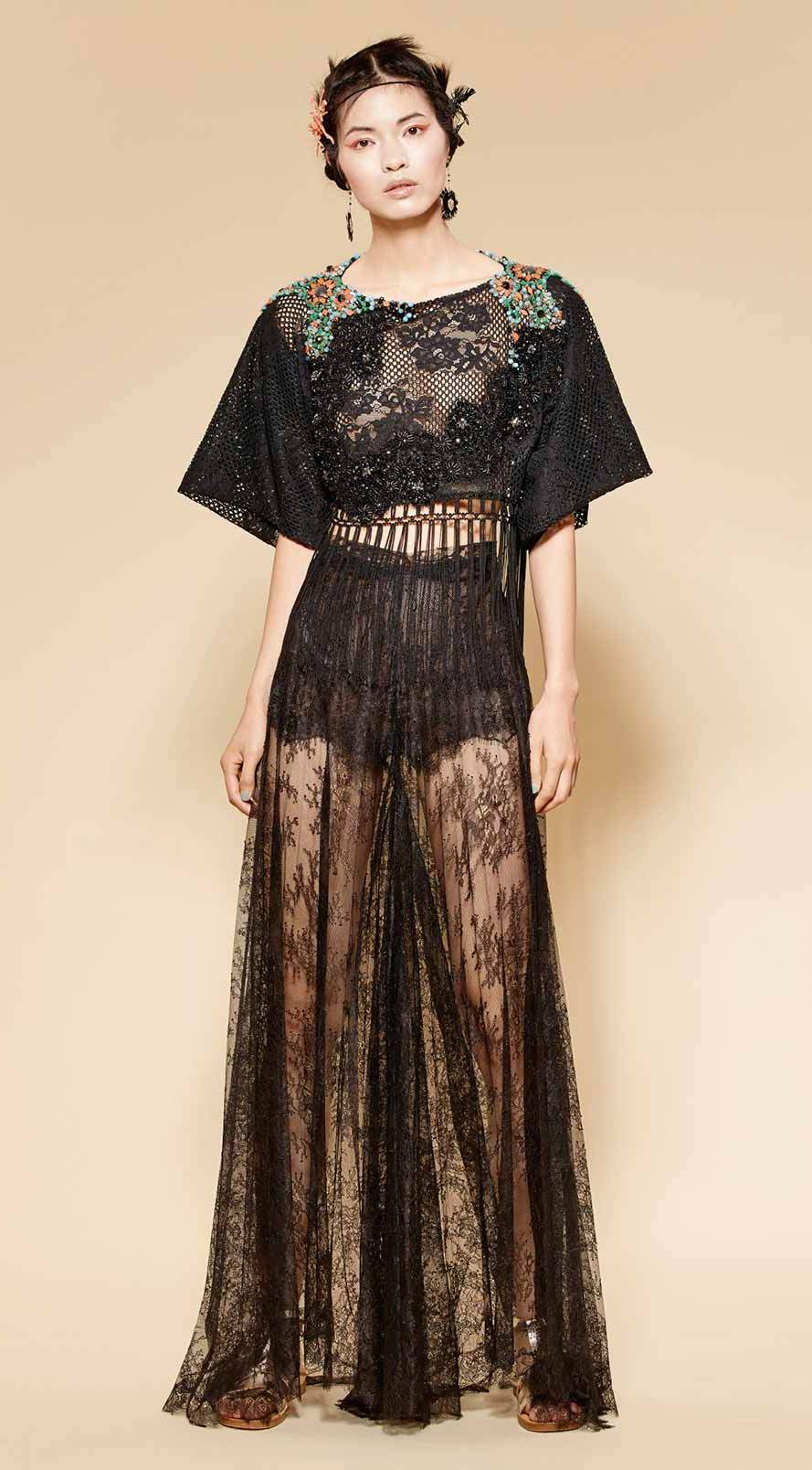 Black party outfit with Japanese sleeve lace blouse and hand-embroidered semiprecious stones
