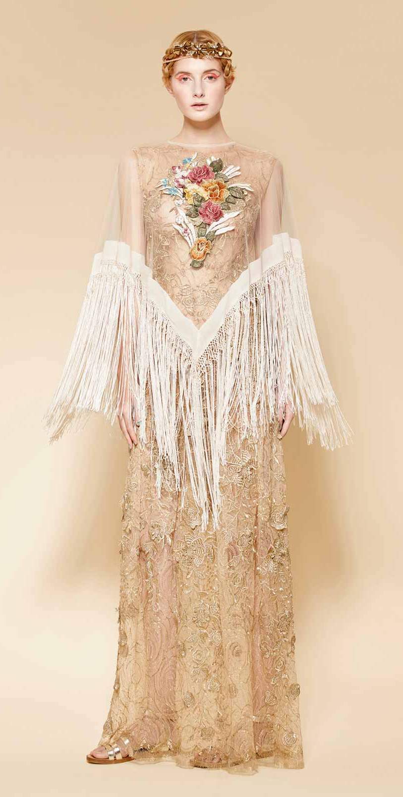 Couture long ankle-length dress made in a beautiful and exclusive gold lace with golden flowers sewn by hand