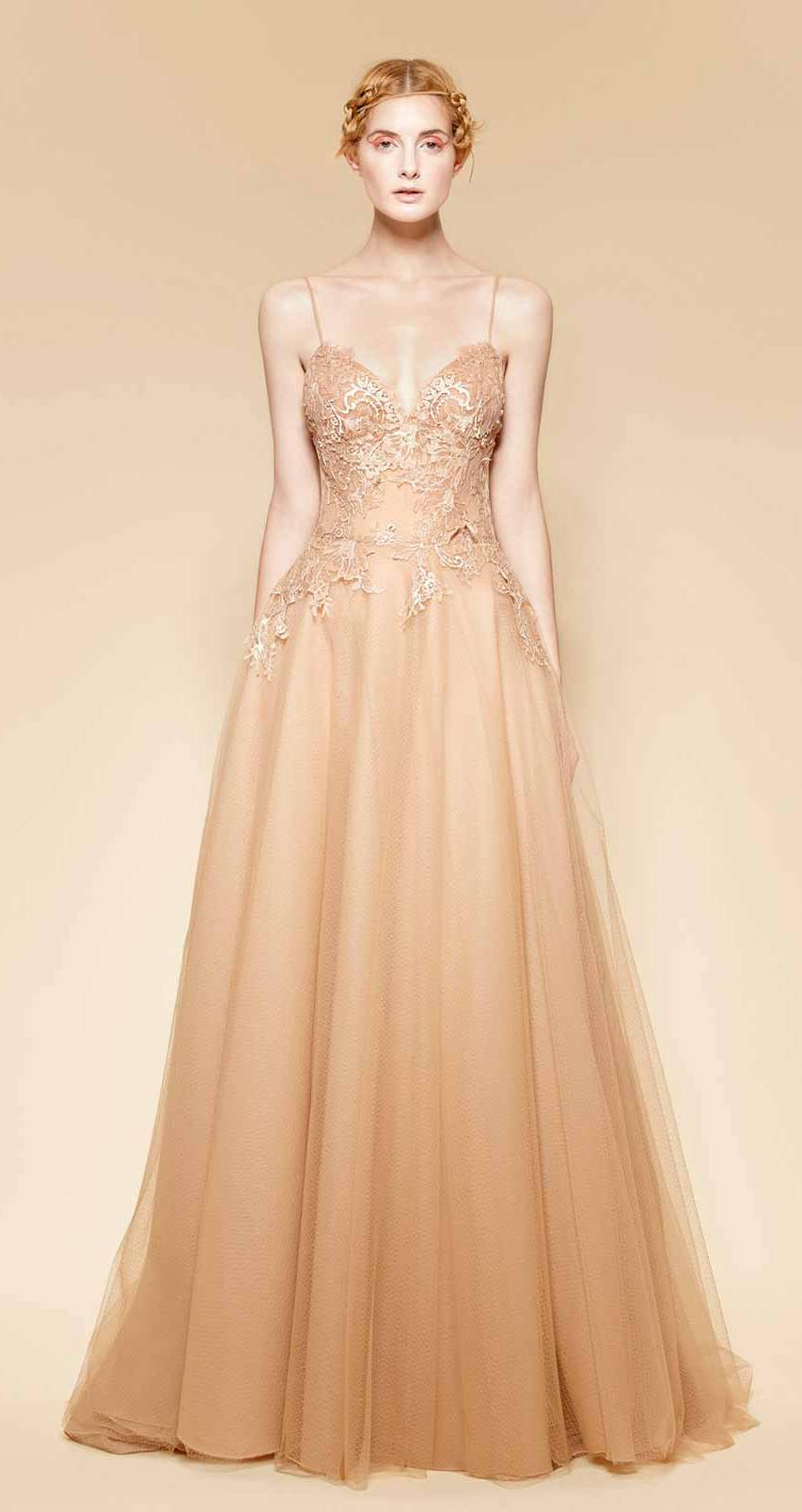Couture nude lace dress with an ethereal and delicate silhouette