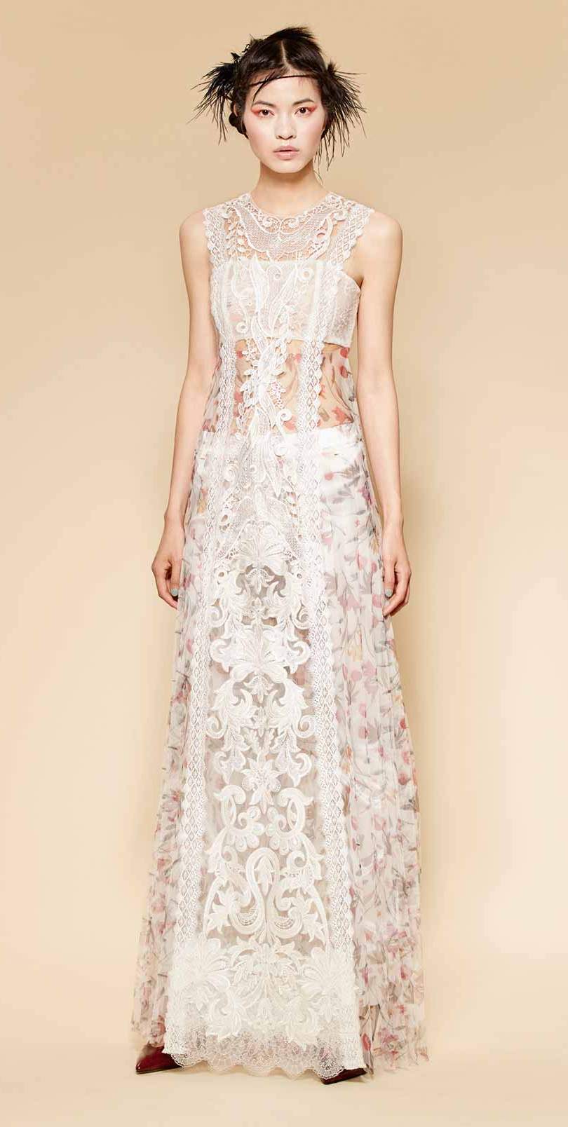 Cut-out dress, made of floral silk embroidery and floral printed tulle in the skirt