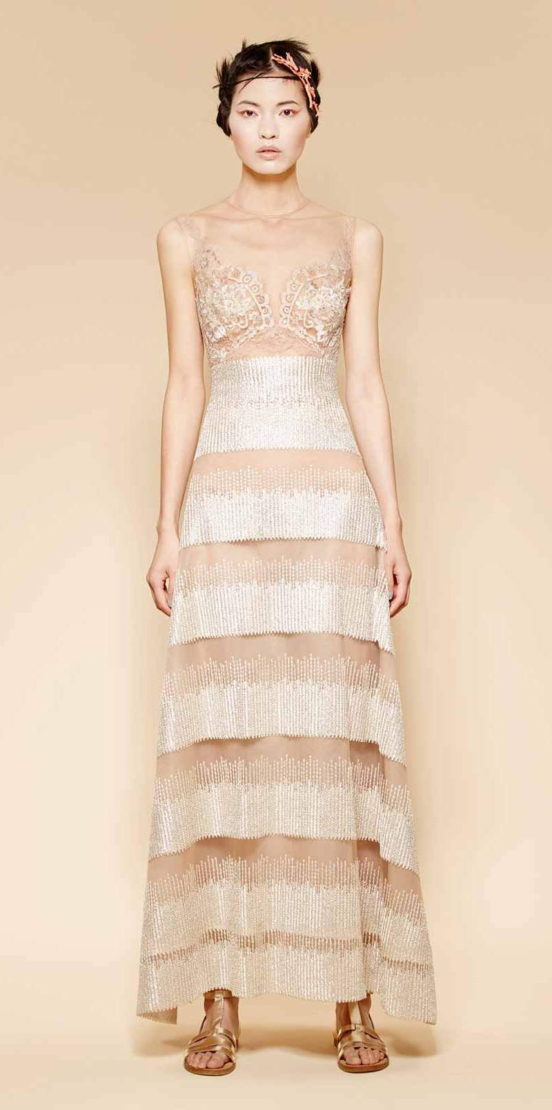 Evening dress made of silk lace and embroidered silk tulle striped with golden silk thread