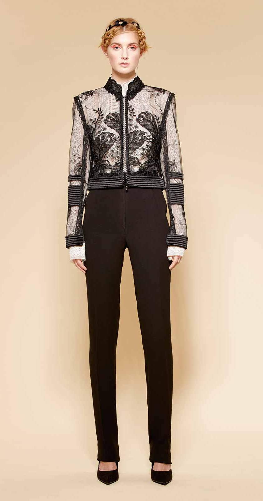 Long-sleeves white blouse, lace, silk guipure and embroidered silk tulle black jacket