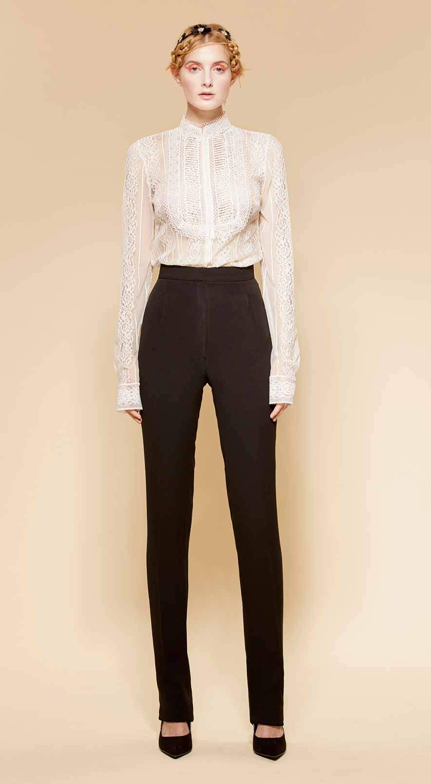 Long-sleeves white mao collar blouse, and straight-leg black georgette