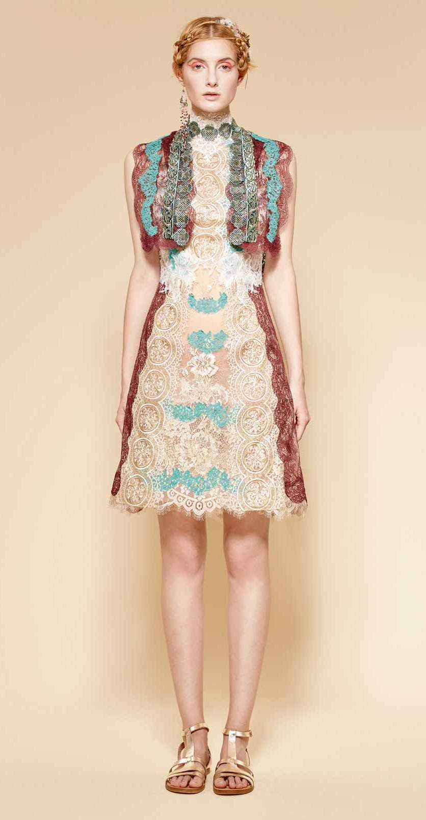 Short lace dress made of burgundy, nude, and aqua green